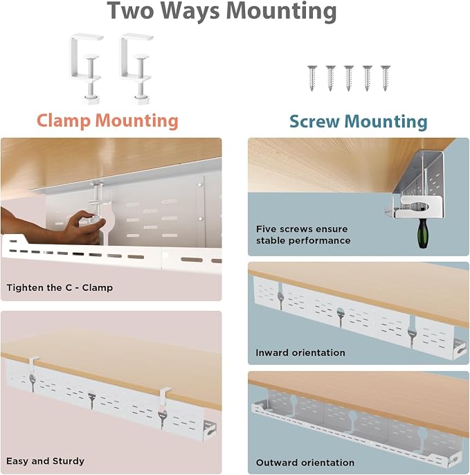 Univivi Under Desk Cable Management Tray - 48" Steel Cord Organizer, No-Drill C-Clamp & Screw Mount for Office/Home, Effortless Wire Management (White)