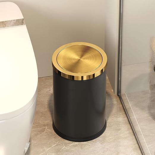 Brushed Brass Garbage can,Bathroom Trash can with lid，Modern Small Trash Can with Flipping Lid, 9 L,Garbage cans for Bathroom, Kitchen,Bedroom, Metallic Gold (Black（Double）)