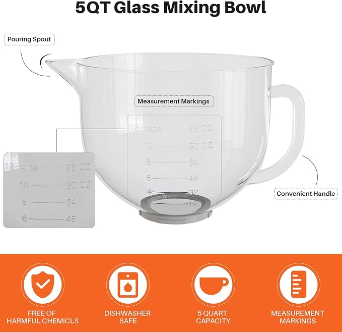 Glass Bowl Compatible with KitchenAid 4.5 & 5-Quart Tilt-Head Stand Mixers | Includes Lid, Measurement Markings & Spout Cover – Dishwasher, Microwave & Freezer Safe