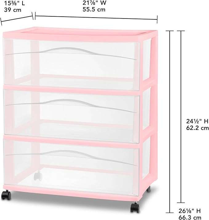 Sterilite Wide Storage Cart, 3 Clear Drawer Plastic Organizer with Wheels, Pink Frost Frame - Rolling Unit for Craft Supplies or Home Accessories