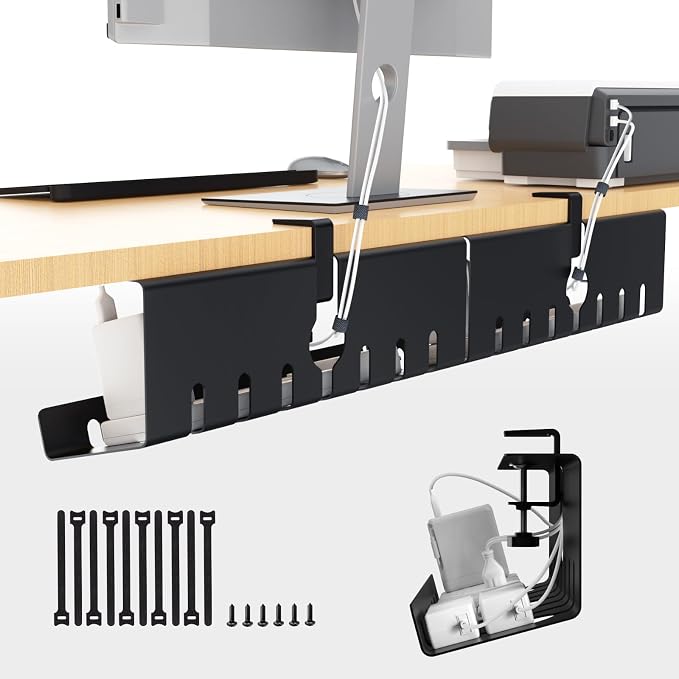 Syeeiex Under Desk Cable Management Tray, 34" Total Length (17"×2 Set), No-Drill C-Clamp & Screw Mount, Heavy Duty Metal Cord Organizer with 10 PCS Cable Ties, for Office Home Workspace, Black, 2-Pack