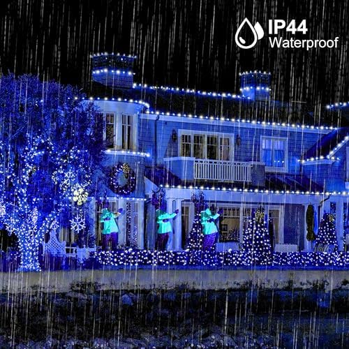 Wellisnow 164ft 500 LED Blue White Christmas Lights, 8 Lighting Modes Waterproof Christmas Lights Outdoor Plug in for Christmas Tree Yard Wedding Decorations(164FT,Blue&White)