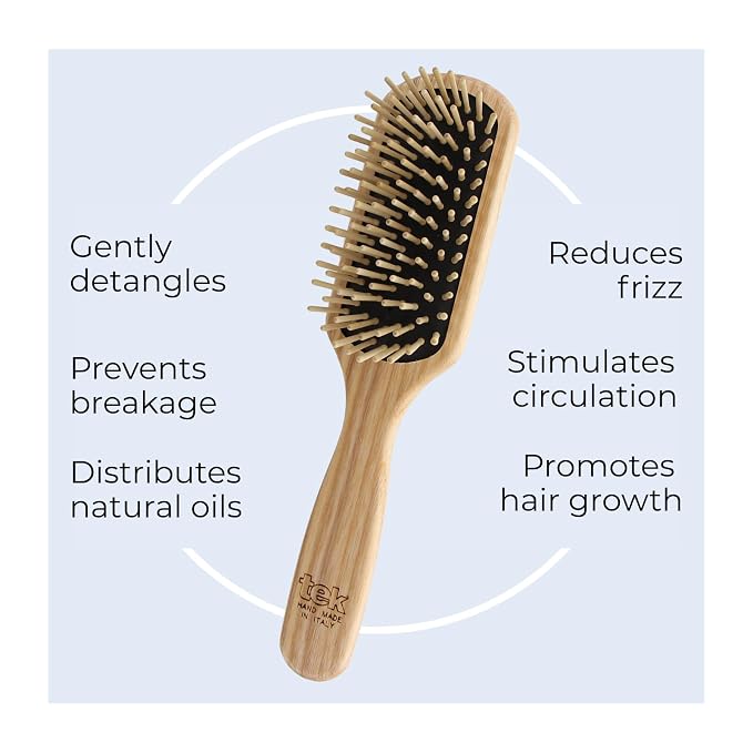 TEK | Rectangular Wooden Hair Brush Medium with Short Rounded Teeth in Natural Ash Wood, Ideal for Detangling, Styling and Daily Care of Short and Medium-Lenght Hair | 22x5.5cm | Handmade in Italy