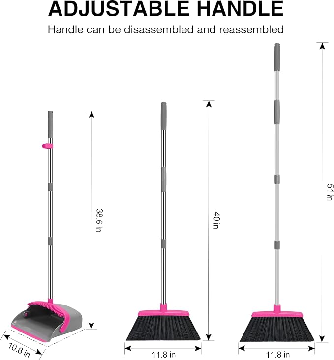 NACENA Broom and Dustpan Set, 52-in Long Adjustable Handle Broom Dustpan Combo with Dust pan Teeth to Automatically Clean Hair Suitable for Home Kitchen Office Hall Floor (Grey&Rose), 2 Pack