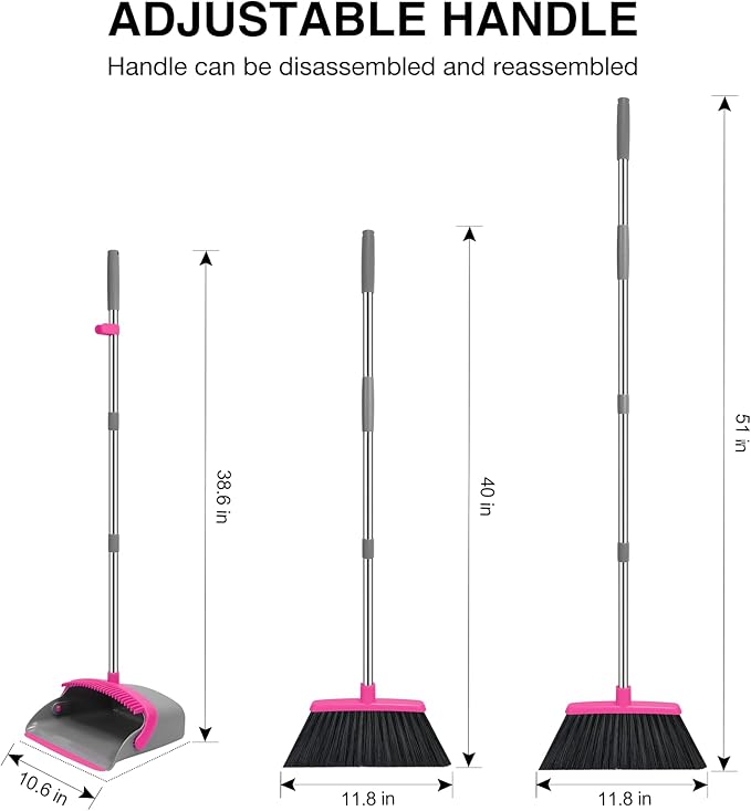 NACENA Broom and Dustpan Set, 52-in Long Adjustable Handle Broom Dustpan Combo with Dustpan Teeth to Automatically Clean Hair Suitable for Home Kitchen Office Hall Floor (Grey&Rose), 4 Pack