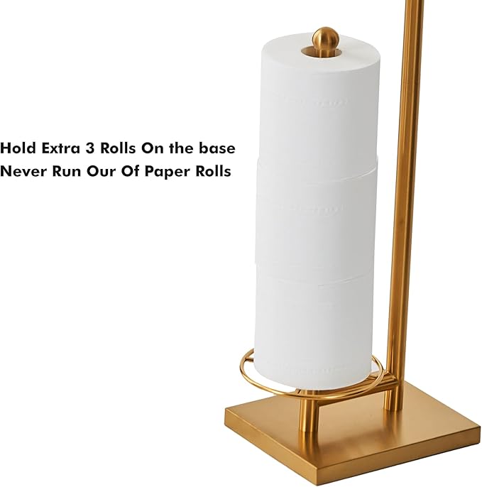Toilet Paper Holder with Tray At the Top, Heavy-Weighted Base No Wobbly, Freestanding Toilet Paper Rolls Stand, Hold Extra 3 Paper Rolls On the Base (Gold)