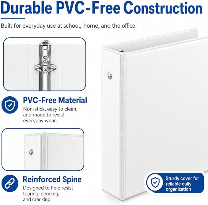 Durable 1 inch 3-Ring Binder, 1" Round Ring Binders with 2 Inside Pockets, Basic 1 in Binders, PVC- Free, Clear View Cover 1-inch-Binder Holds 8.5'' x 11''Paper for Office/School/Home（12 Pack, White
