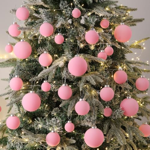 Pink Velvet Christmas Ball Ornaments-46pcs Flocked Xmas Tree Decorations