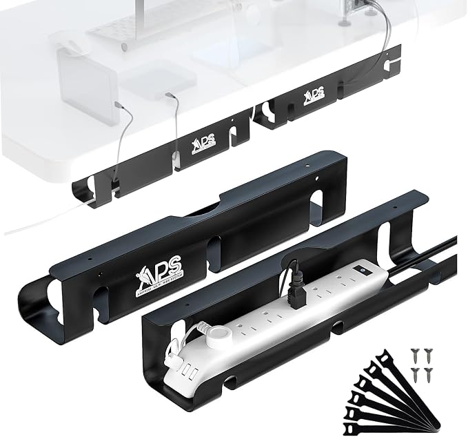 Under Desk Cable Management Tray (2 Pack) - 16" Sturdy Metal Wire Management Under Desk, Under Desk Cable Tray, Holds 15lbs+ Wire Management and Cord Organizer for Home Office Standing Desk - Black