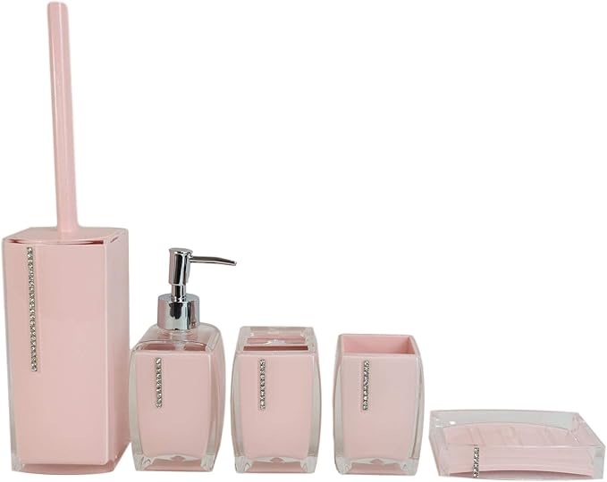 Classy Fashion Modern Chic Austrian Crystals Bathroom Gift Set 6 Piece Accessories Toothbrush Toothpaste Make Up Cosmetic Tools Holders Soap Dish and Pump Dispenser Toilet Brush & Base (Sexy Pink)
