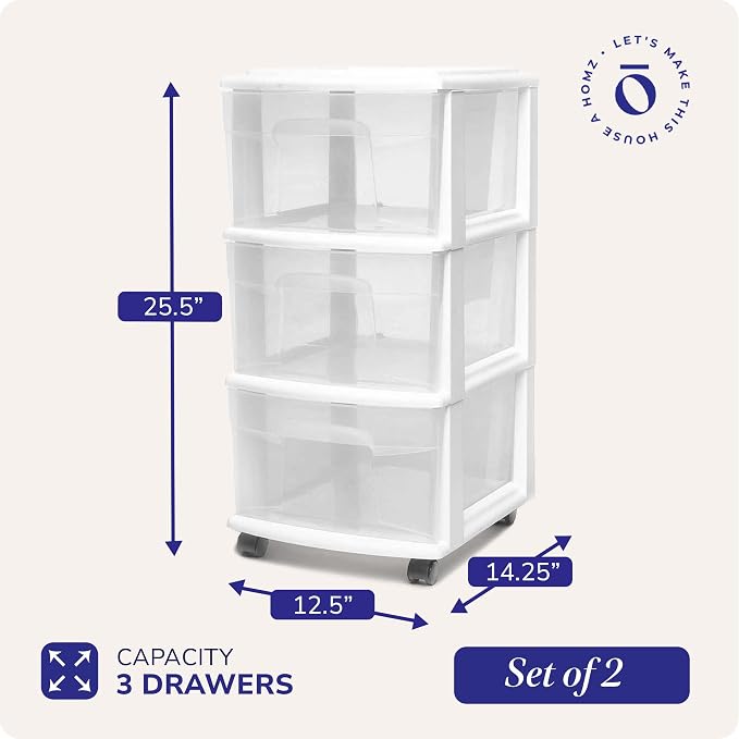 HOMZ 2-Pack Drawer Tower, 3-Tier Clear Plastic Storage Organizer Cart, White Frame - Organizing Containers with Wheels for Home, Bathroom, Bedroom, Office, and Classroom