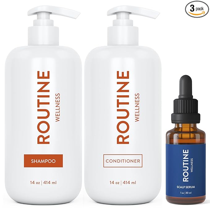 Routine Wellness Shampoo and Conditioner Set and Scalp Serum for Thinning Hair - DHT Blocker Women & Men - Color Safe Shampoo for Hair Loss & Healthier Hair - Coconut & Vanilla Set + Scalp Serum