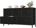 OLIXIS 5 Drawer Black Dresser for Bedroom, Closet Chest Organizer Furniture | TV Stand for Living Room Hallway, Wide Fabric Storage Tower with Wooden Top and Metal Frame