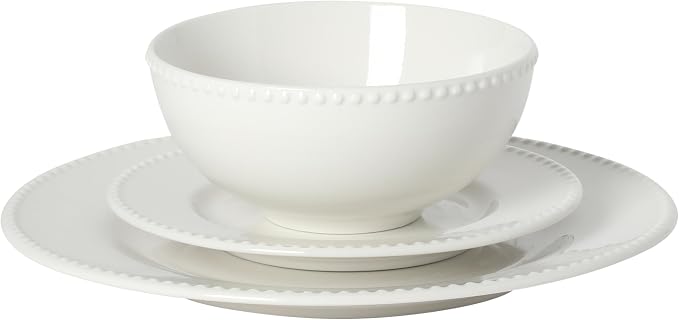 Gibson Home Caviara Plates and Bowls Set, 12-Piece Dinnerware Set, White Round Beaded Rim Ceramic Dish Set, Dinner Plates, Salad Plates & Cereal Bowls