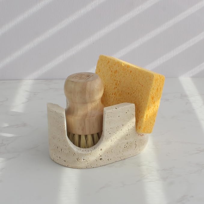 Nawgnail Natural Travertine Marble 2-Slot Sponge Holder for Kitchen Counter, 2-in-1 Stone Drying Rack, Sponge Caddy for Sink Organizer - Beige Travertine