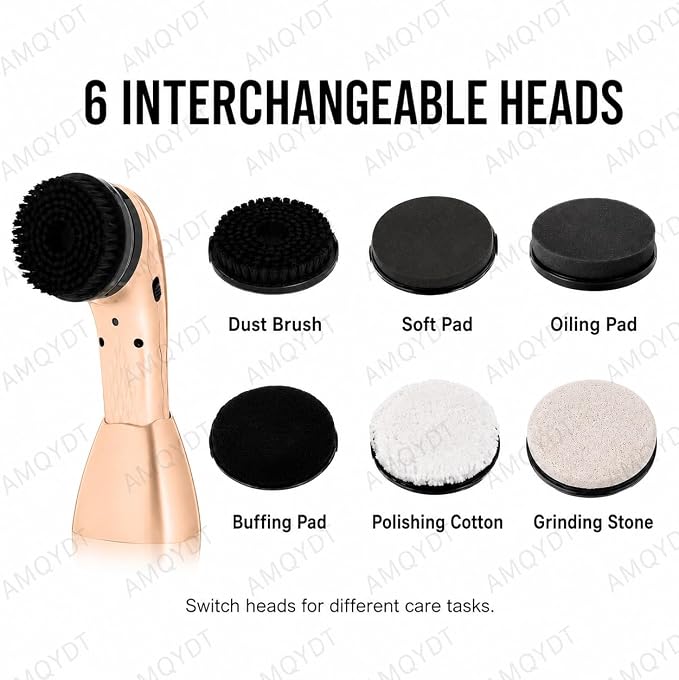 Handheld Electric Shoe Polisher, Rechargeable Shoe Shine Kit with 6 Brush Heads, Ergonomic Grip and Compact Storage Base for Cleaning and Polishing Leather Shoes, Bags, Boots and Upholstery