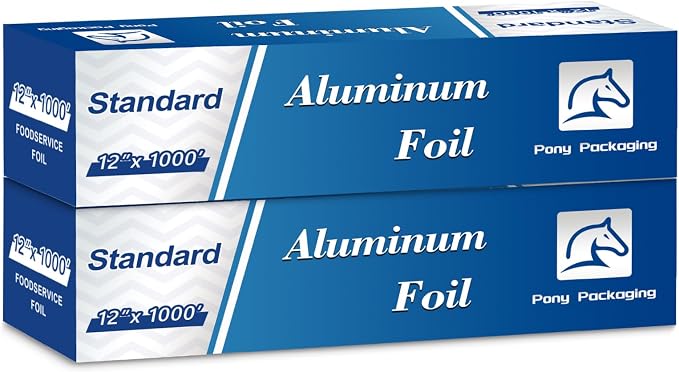 Aluminum Foil Standard 12 inch Wide, 1000 FT Food Safe Foil Wrap for Cooking, Baking, Grilling, Food Service Pony Packaging Aluminum Foil Roll (12"x1000', Standard-2 Count)
