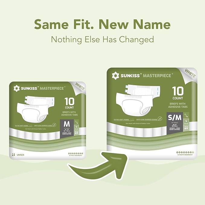 SUNKISS Masterpiece Adult Diapers with Tabs, Unisex Disposable Incontinence Briefs for Women and Men, Odor Control, White, Small/Medium, Previously Medium, 10 Count (Pack of 2)