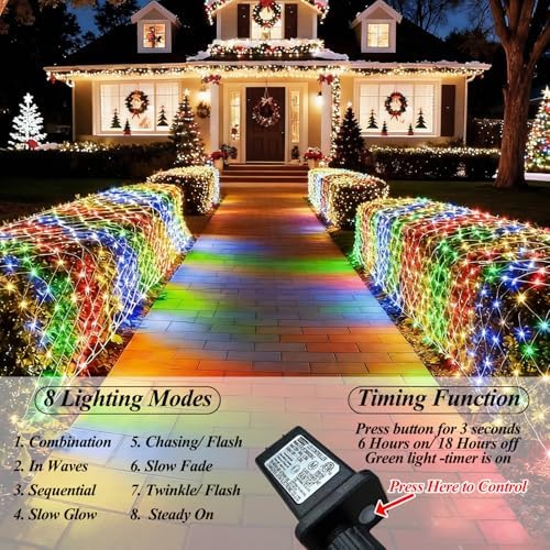 510 LED Christmas Net Lights, 28ft x 5ft Mesh Lights Outdoor Clear Wire 8 modes, Waterproof Connectable String Lights Plug in for Xmas Tree Bushes Garden Holiday Party Decorations - Multicolor