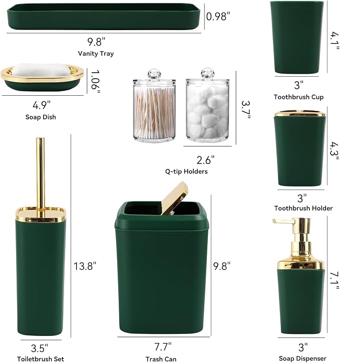 XLHOMO Bathroom Set, 9PC Bathroom Accessory Set, Green Bathroom Accessories, Green Bathroom Set, Trash Can, Soap Dispenser for Home Decor