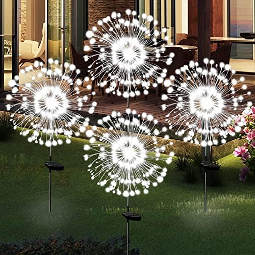 Solar Garden Lights Solar Firework Lights Outdoor Waterproof 4 Pack Solar Powered Art Stake Twinkle Lighting 180 LED Sparklers Solar Lights for Yard Outside Party Christmas Decorations (White)