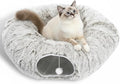 AUOON Plush Cat Tunnel Bed for Indoor Cats, 36" L x 36" W x 11.5" H, Khaki | 2 in-1 Interactive Cat Toy, with Hanging Ball Toy, Machine Washable Center Pad, for Kitten Puppy Rabbit Ferret