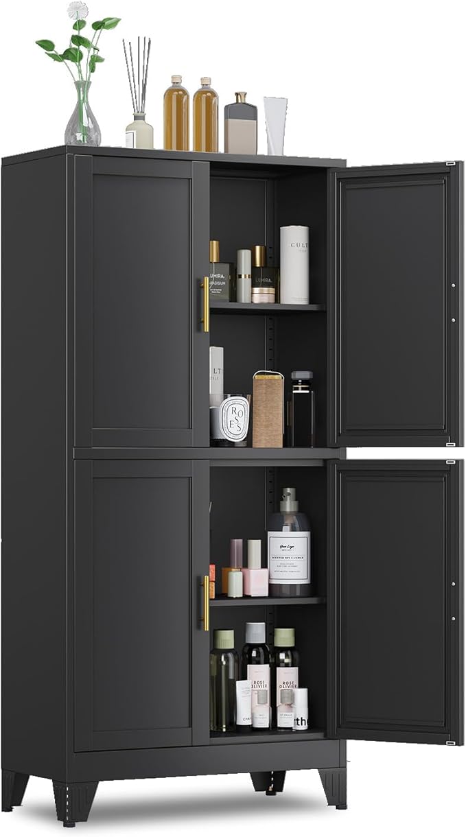 GAIOUS 47.25" Metal Storage Cabinet, Black Kitchen Food Cabinet with 4 Door | and 2 Adjustable Shelves, Freestanding Bathroom Cabinet, Pantry for Kitchen Dinning Room Bathroom, Cupboard, Food Storage