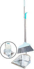 YAYOU Dust Pan and Broom Set for Home, 33.5'' Premium Quality Heavy Duty Stainless Steel Dustpan with Long Handled, Elegant Stand Up Design, Sturdy Dustpans Home/ Lobby/ Shop/ Office, Broom, Silver