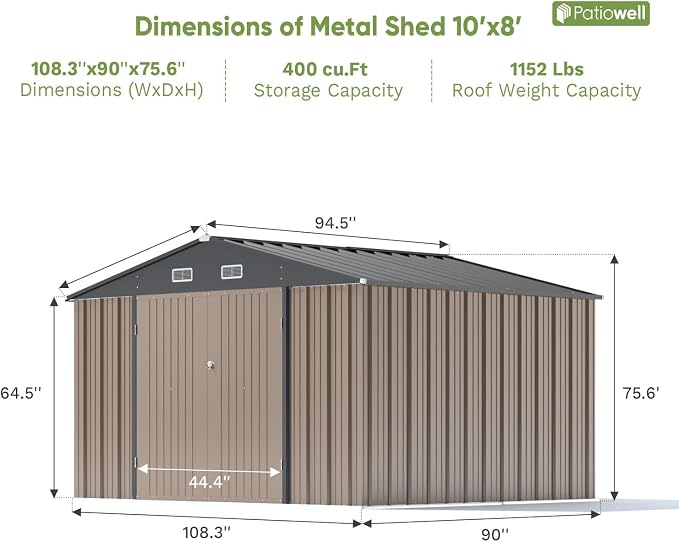 Patiowell 10 x 8 FT Outdoor Storage Shed, Large Garden Tool Metal Shed | with Sloping Roof and Double Lockable Door, Outdoor Shed for Backyard Garden Patio Lawn, Brown