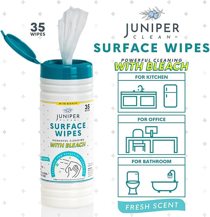 Juniper CLEAN 1 Pack Surface Cleaning Wipes with Bleach, All-Purpose Cleaner for Bathroom, Kitchen, Office, 35 Count Canister, 7.5" x 7" Sheet, Fresh Scent, Lint Free & Durable