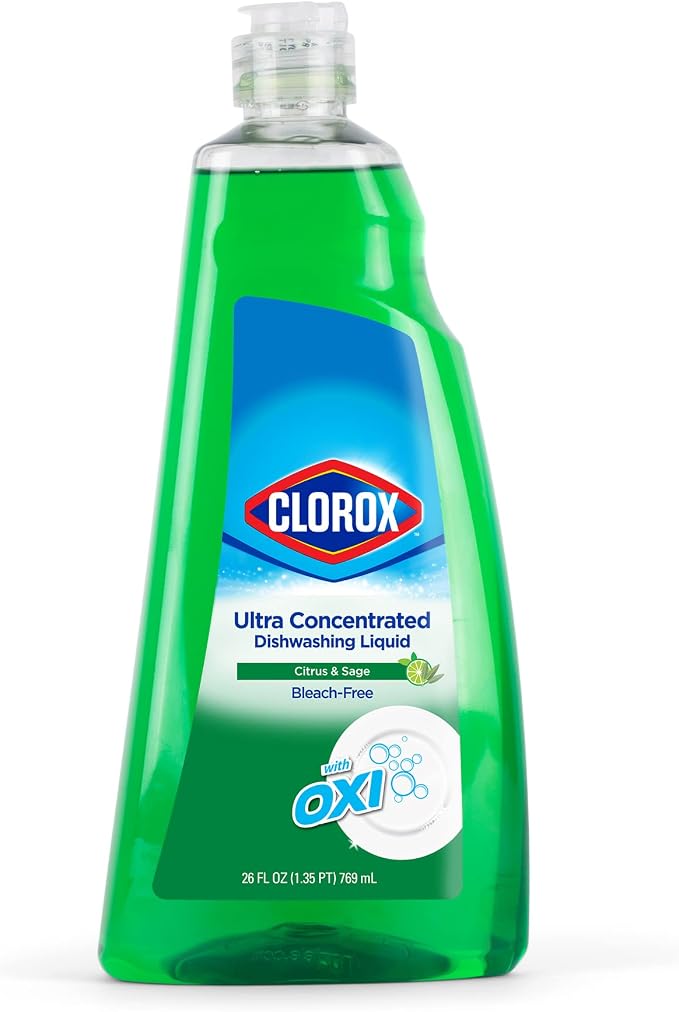 Clorox Ultra Concentrated Liquid Dish Soap with OXI, Citrus and Sage Scent - Bleach-Free Dermatologist Tested Dishwashing Detergent That Powers Through Grease, 26 Fl Oz