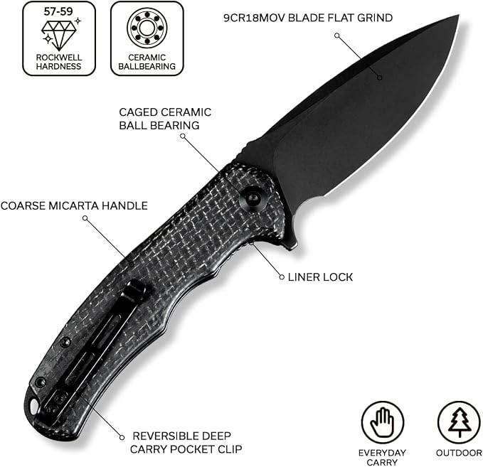 CIVIVI Praxis Folding Pocket Knife, 3.75" Blade Micarta Handle C803G | Full-size, Smooth Action, Comfortable Grip, Liner Lock, Deep Carry Reversible Clip for EDC, 9Cr18MoV Steel