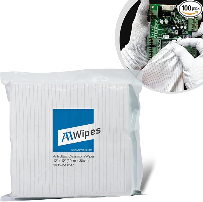 AAWipes Anti-Static Electrostatic Discharge (ESD) Wipes (12"x12",100pcs, Polyester Wiper Cloths with Conductive Yarn) ESD-Safer Cleanroom Wipers Lint Free Class 100 ISO5 (CE16012)