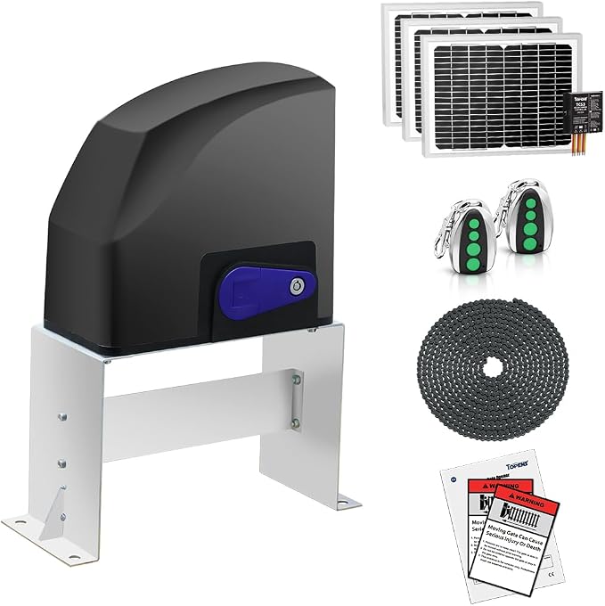 TOPENS DKC500S Solar Sliding Gate Opener Chain Drive Automatic Gate Motor for Heavy Driveway Slide Gates Up to 1300 Pounds, Electric Gate Operator Battery Powered with Solar Panel Remote Control Kit