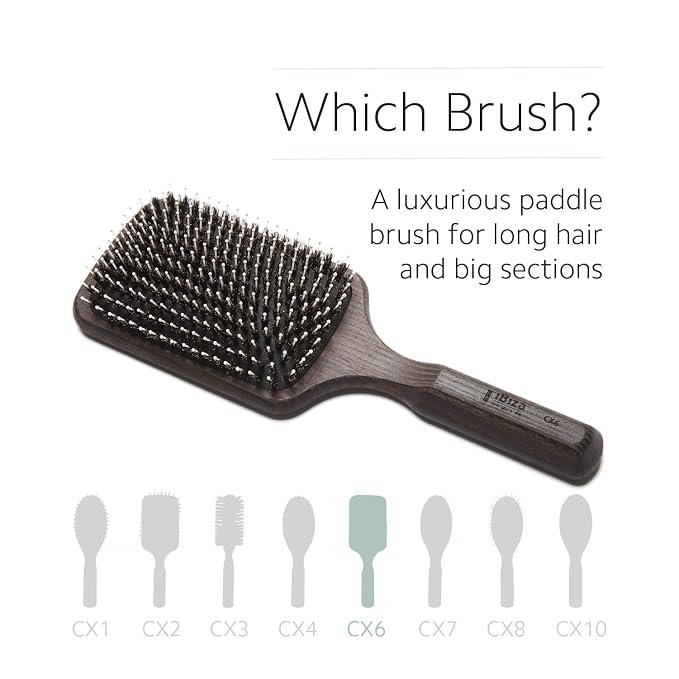 Ibiza Hair Detangling Paddle Brush (CX6) | 100% Boar Bristles with Ball-Tipped Quills for a Polished, Shiny Look | Durable Carbonized Wood | Ideal for Long Styles & Large Sections