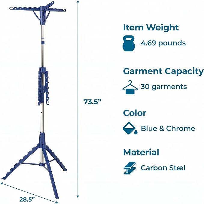 Honey-Can-Do 2-Tier Tripod Clothes Drying Rack, 73", Chrome Steel | 73" tall 2-tier tripod holds 30 garments and long dresses off the floor. Chrome steel resists rust; folds compact.