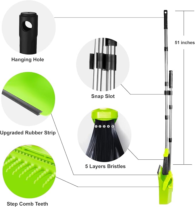 Tiumso Upgrade Broom with Dustpan Combo Set, Broom and Dustpan Set with 51'' Long Handle, Large Upright Brooms and Dust Pans, ZeroGap Lip, Self-Cleaning Teeth for Lobby and Restaurant - Light Green