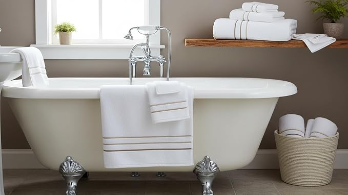 Bath Towels Set for Bathroom – Luxury 6-Piece Cotton Towels, Soft Absorbent & Quick Dry, 600 GSM Bath Towels for Bathroom, Hotel Spa Quality (White/Taupe, 6- Bath Towel Set)