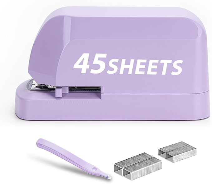 Heavy Duty Electric Stapler Value Pack, 45 Sheet Capacity, Includes 1500 Staples & Staple Remover, No-Jam, Faster Stapling, Automatic Stapler Desktop,AC Adapter Powered (Purple)