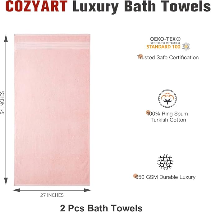 COZYART Luxury Bath Towels 2 PCS, Pink 100% Turkish Cotton 650 GSM | OEKO-Tex 100 Certified Zero Twist Ring Spun, Soft Absorbent Quick Dry, Plush Fluffy, Breathable Hotel Quality for Daily Use