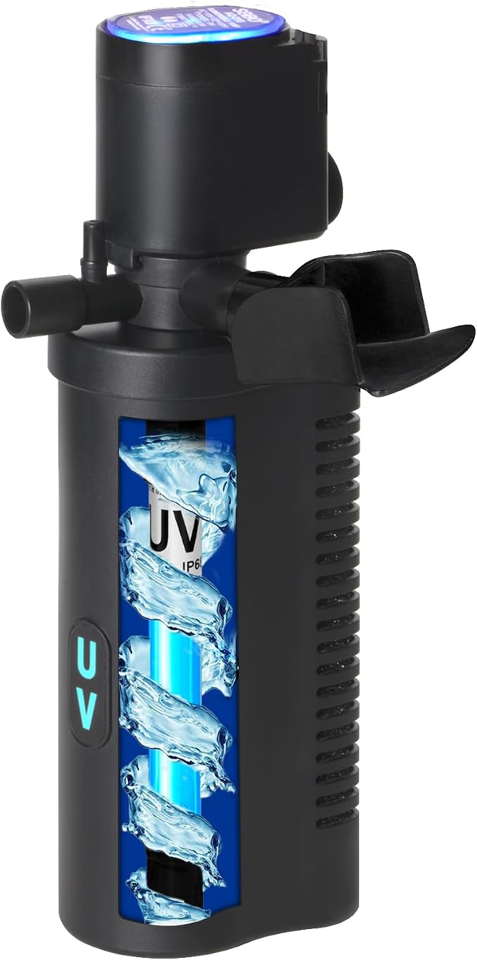 TARARIUM 10-45 Gal U-V Aquarium Filter for Fish Turtle Tank, Dual Outlets | Bio Sponge+U-V, Clear Green Water, Quiet Internal Filter, Aeration, Deodorizing, Top LED Light, Saltwater Freshwater, 132GPH