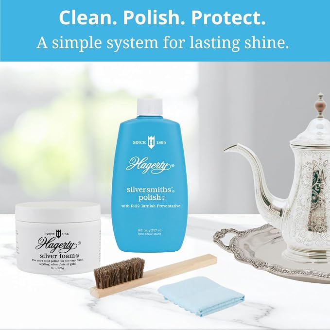 Hagerty Complete Silver Care Kit – 4-Piece Set with Silver Polish, Silver Foam, Polishing Cloth & Brush – Removes Tarnish, Cleans & Protects Sterling Silver and Silver Plate