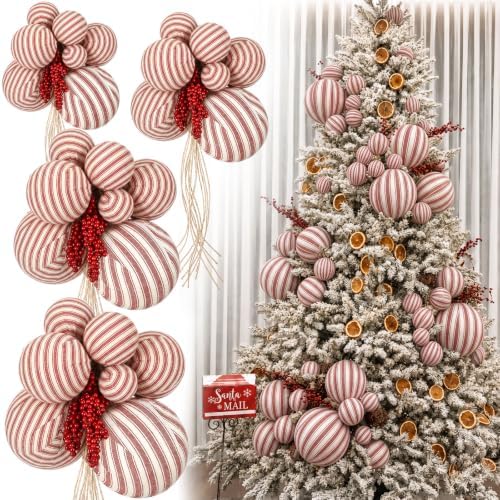 4 Set Large Red White Stripe Christmas Ball Clusters Fabric Ball Ornament