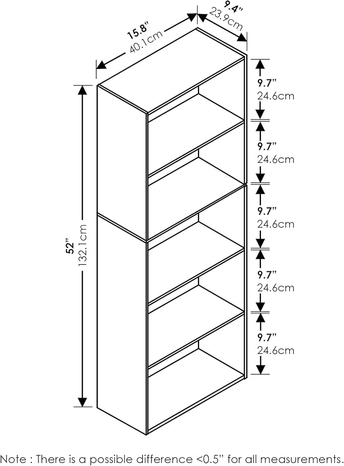 Furinno LUDER Book Shelf, 5-Tier Bookshelf, Bookcase with Open Shelves, 9.4 x 15.8 x 52, Easy Assembly, for Living Room, Bedroom, Home Office, French Oak