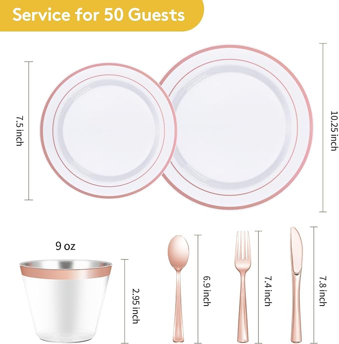 Goodluck 300 Pieces Rose Gold Disposable Plates for 50 Guests, Plastic Plates for Party, Wedding, Dinnerware Set of 50 Dinner Plate, 50 Salad Plates, 50 Spoons, 50 Forks, 50 Knives, 50 Cups