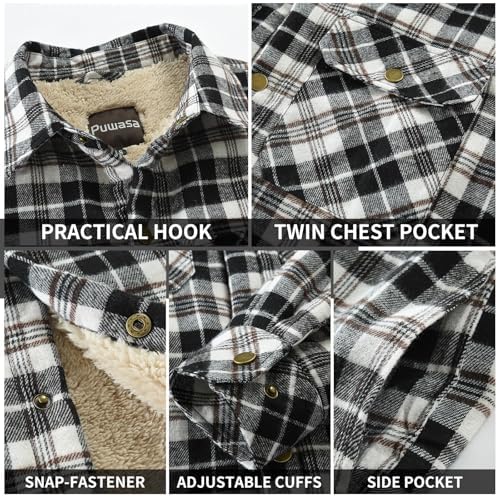 Men's Sherpa Cotton Flannel Shirt Jacket Plaid Button Coat Pocket