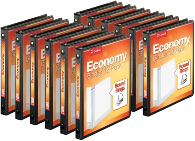 Cardinal Economy 3 Ring Binders, Binders for School and Office, Durable 1/2 inch Round Rings, Holds 125 Sheets, ClearVue Presentation View, Non-Stick, Black, Carton of 12 (90602)