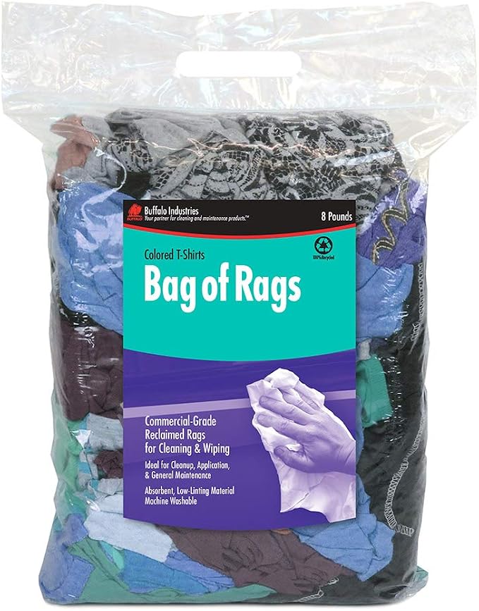 Buffalo Industries (10087PB) Recycled Multicolored T-Shirt Cloth Rags, 8 lb. bag, All-Purpose Rag for Cleaning, Paint Spills and Cleanup, Staining, Polishing, Dusting, Made from Recycled Materials