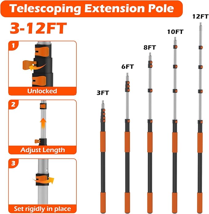 15FT Reach Cobweb Duster with Extension Pole - Spider Web Brush for Cleaning with 3-12FT 4-Section Flip-Lock Telescopic Pole, Effortlessly Cleans High Indoor & Outdoor Webs