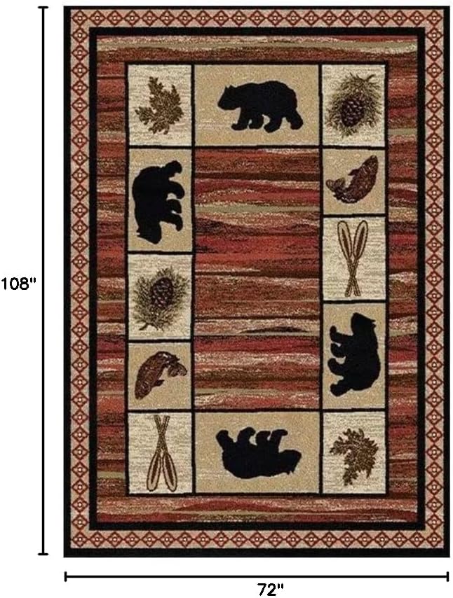 Rustic Cabin Bear Rugs 6ftx9ft Wildlife Fish Plants Print Area Rug for Living Room Bedroom Entrance Non-Slip Lodge Bear Indoor Decorative Carpet